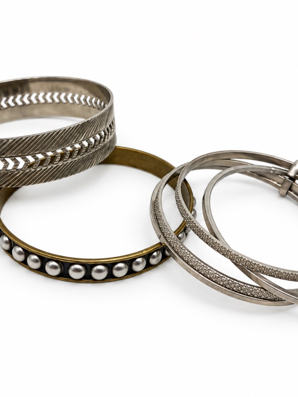 THREE METAL BANGLE BRACELETS | MIXED TEXTURES | SILVER + BRASS TONES